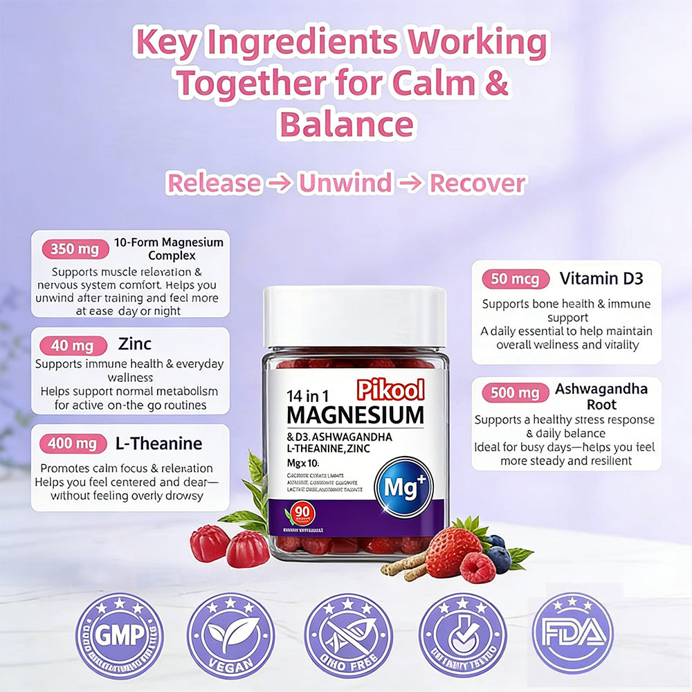 VBoost SHOP Pikool Magnesium Gummies - Multi-Ingredient Formula for Stress Relief, Sleep, Muscle Relaxation & Mood Balance